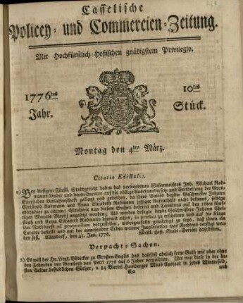 10tes Stueck, Montag den 4ten Maerz 1776