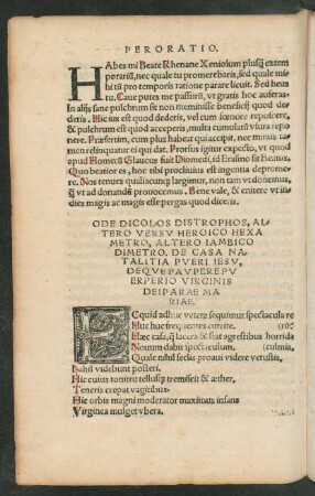 Ode Dicolos Distrophos, Altero Versu Heroico Hexametro, Altero Iambico Dimetro. De Casa Natalitia Pueri Iesu, Deque Paupere Puerperio Virginis Deiparae Mariae.