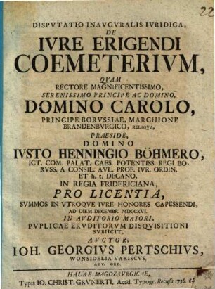 Dispvtatio Inavgvralis Ivridica, De Ivre Erigendi Coemeterium