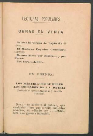 Lecturas populares : Obras en venta