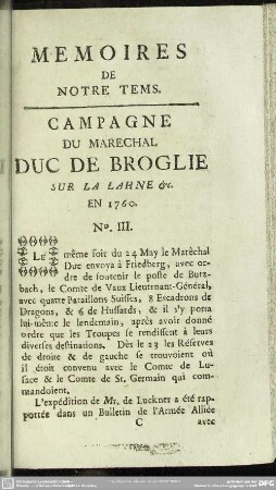 Campagne Du Marechal Duc De Broglie Sur La Lahne etc. En 1760. No. III.