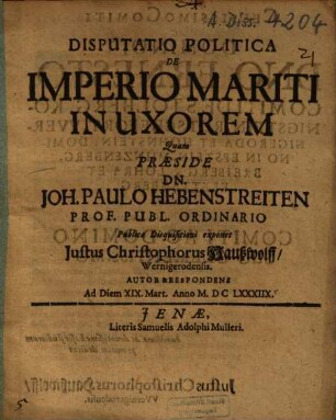 Disputatio Politica De Imperio Mariti In Uxorem