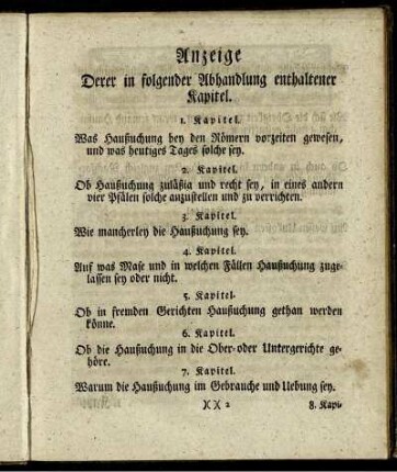 Anzeige Derer in folgender Abhandlung enthaltener Kapitel.