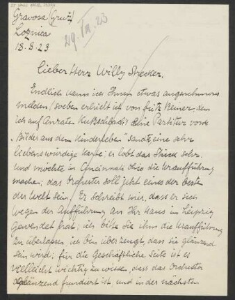 Brief an Willy Strecker an B. Schott's Söhne : 18.08.1923