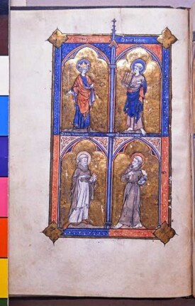 Ganzseitige Miniatur: König Edmund von Ostanglien und Laurentius, Dominikus und Franziskus als Heilige in Ganzfigur unter Spitzbogenarkaden