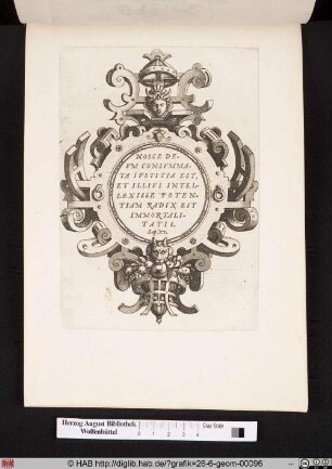 Kartusche mit Inschrift, zwei gehörnten Maskaronen und aus Rollwerk geformten Behältnis mit Früchten.