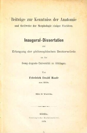 Beiträge zur Kenntniss der Anatomie und theilweise der Morphologie einiger Florideen : Inaugural-Dissertation ; mit 3 Tafeln