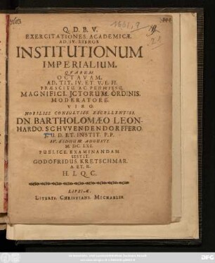 Exercitationes. Academicae. Ad. IV. Libros. Institutionum Imperialium
