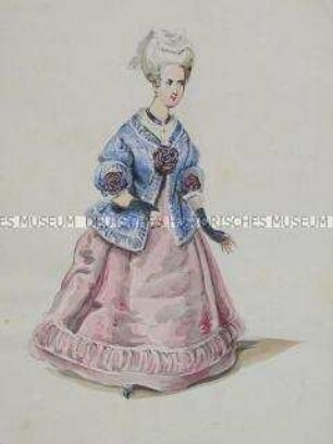 Frau mit weißer Perücke, im rosa Kleid und blauer Jacke - Tafel aus Franceschini/Kostümbilder (Kassette 1)
