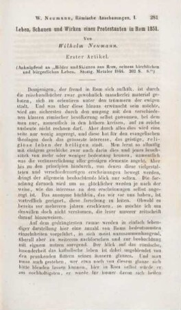 281-292 Leben, Schauen und Wirken eines Protestanten in Rom 1851 : erster Artikel