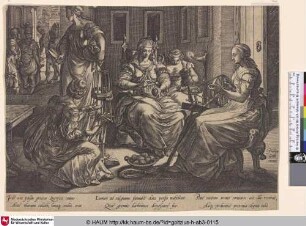 [Lukretia und ihre Mägde spinnen im Schein einer Öllampe; Lucretia and Her Women Spinning; Lucretia en haar dienstmaagden bij het spinnen]
