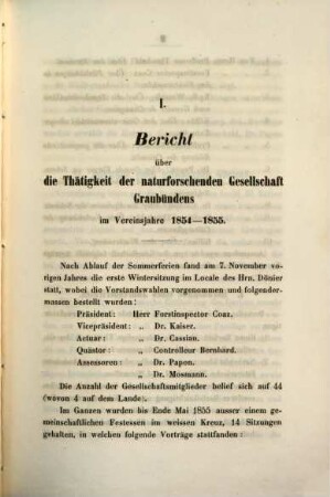 Jahresbericht der Naturforschenden Gesellschaft Graubündens. 1. 1854/55. - 1856