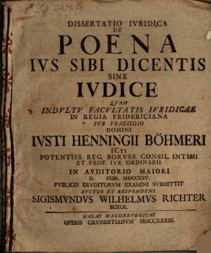 Dissertatio Ivridica De Poena Ivs Sibi Dicentis Sine Ivdice
