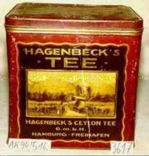 Vorrats-Blechdose für "HAGENBECK'S TEE HAGENBECK'S CEYLON TEE G.m.b.H. HAMBURG - FREIHAFEN"