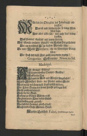 [Schuldiges Denck- und Danck-Opffer welches Dem ... Herrn Hn. Johann Paul Günther/ ...]