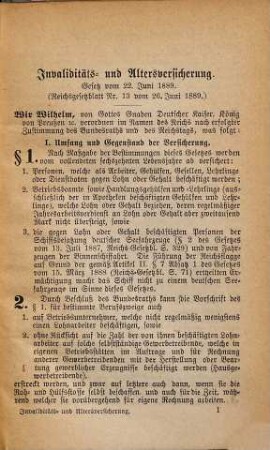 Invaliditäts- und Altersversicherung-Reichsgesetz vom 22. Juni 1889 : Mit einem Sachregister