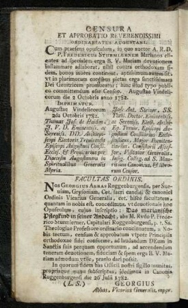 Censura et Approbatio Reverendissimi Ordinariatus Augustani.