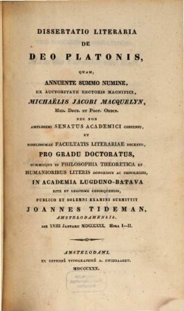 Dissertatio literaria de Deo Platonis