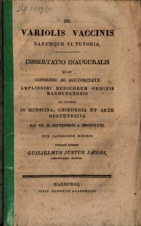 De variolis vaccinis earumque vi tutoria : Diss. inaug.