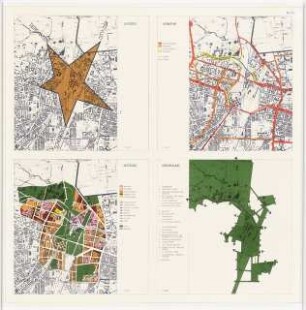 Städteräumliches Konzept für das Museum für Verkehr und Technik, Berlin-Kreuzberg Schinkelwettbewerb 1982: 4 Lagepläne 1:10 000