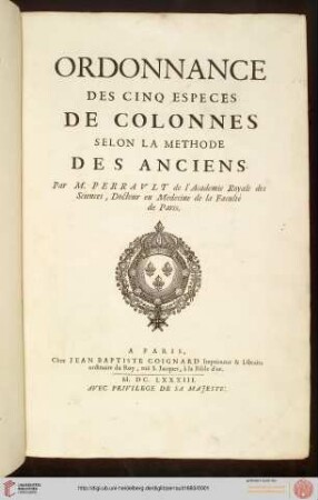 Ordonnance Des Cinq Espèces De Colonnes Selon La Méthode Des Anciens
