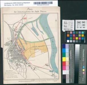 Plan des Industriegebietes der Stadt Neuss [zwischen Hafen und Rhein. Mit Kennzeichnung des städtischen Grundbesitzes der vorhandenen u. geplanten städt. Kleinbahn]. Angefertigt im Stadtvermessungsamt