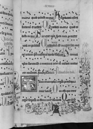 Graduale (Benediktinerhandschrift) — Textseite mit historisierter Initiale und Figuren in der Bordüre, Folio 242recto