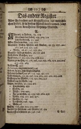 Das andere Register. Aller Gebrechen und Kranckheiten des menschlichen Leibes, so in diesem Wercke vorkommen, samt deren bewährten Artzeney-Mitteln.