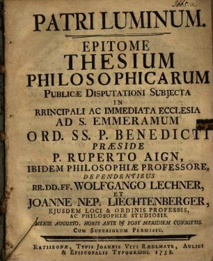 Patri Luminum : Epitome Thesium Philosophicarum