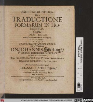 Exercitatio Physica. De Traductione Formarum In Hominibus