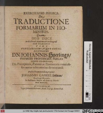 Exercitatio Physica. De Traductione Formarum In Hominibus