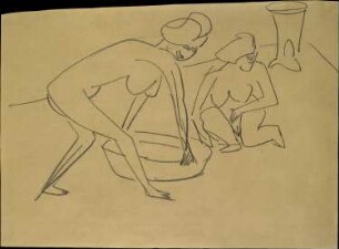Zwei nackte Mädchen mit Badetub im Atelier