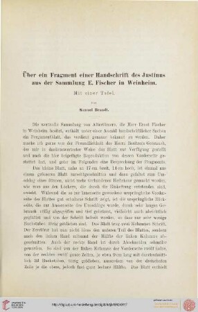 16: Über ein Fragment einer Handschrift des Justinus aus der Sammlung E. Fischer in Weinheim