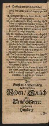 Der Geist- und Weltlichen nachdencklichen Reden/ Sprüch- und Denck-Wörter Zehendes Hundert
