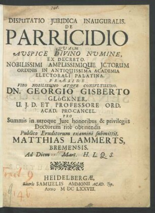 Disputatio Iuridica Inauguralis. De Parricidio