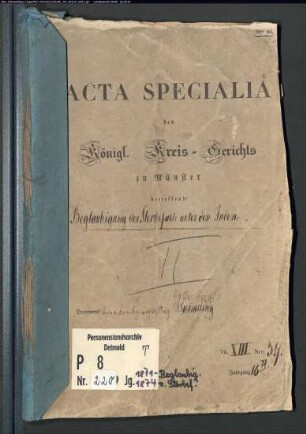Protokollakten des Kreisgerichts Münster mit den Orten Amelsbüren, Appelhülsen, Bösensell, Havixbeck, Münster, Nottuln, Telgte, Wolbeck und den Bauerschaften Delstrup und Geist, Kirchspiel Lamberti, zu Münster gehörig (Juden T 1871-1874)