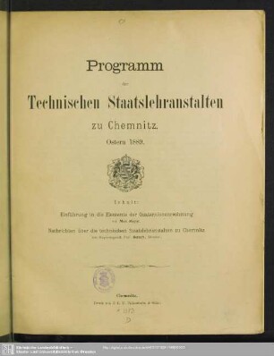 1889: Programm der Technischen Staatslehranstalten zu Chemnitz
