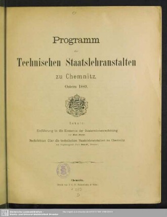 1889: Programm der Technischen Staatslehranstalten zu Chemnitz