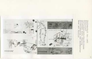 Kinderdorf am Stadtrand, Berlin-Heiligensee (Diplomarbeit bei Peter Poelzig): Situationsplan, Dorfmeister, Haus und Familie, Grundrisse Erdgeschoss, Dachgeschoss, Schnitte 1:200 und Perspektivische Ansicht Bootshaus