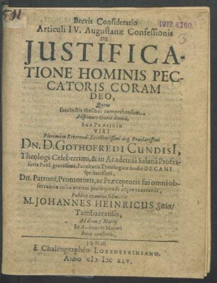 Brevis Consideratio Articuli IV. Augustanae Confessionis De Iustificatione Hominis Peccatoris Coram Deo
