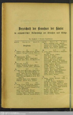 Häuserbuch : Verzeichniß der Bewohner der Häuser in alphabetischer Reihenfolge der Straßen und Plätze