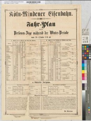 Köln-Mindener Eisenbahn. Fahrplan für die Personen-Züge während der Winterperiode vom 20. Oktober 1851 ab. Langen'sche Buchdruckerei, Köln