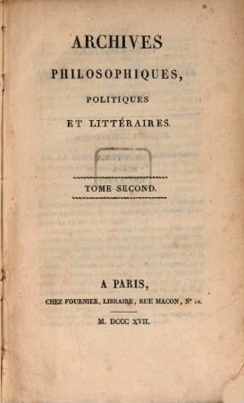 Archives philosophiques, politiques et littéraires. 5, 5/6 = T. 2. 1817