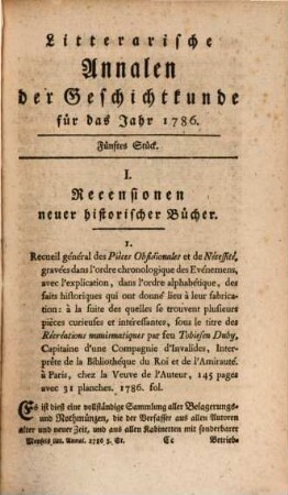 Litterarische Annalen der Geschichtkunde in und außer Teutschland : für das Jahr ..., 5. 1786