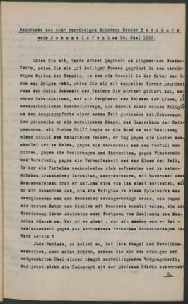 Ansprache des sehr ehrwürdigen Meisters Bruder Eberhard beim Johannisfest am 24. Juni 1922.