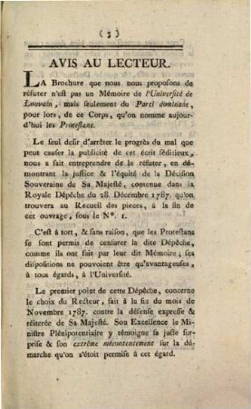 Réfutation D'Une Brochure Qui A Pour Titre: Mémoire Pour L'Université De Louvain Du 18 Janvier 1788 : Présenté à son Excellence le Ministre plénipotentiaire