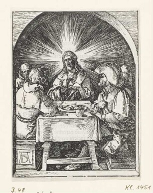 Christus in Emmaus, Blatt 33 aus: Albrecht Dürer, "Passio Christi ab Alberto Durer Nurenbergensi effigiata cum varij generis carminibus Fratris Benedicti Chelidonij Musophili", Nürnberg 1511, S. E