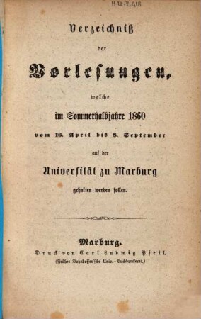 Verzeichnis der Vorlesungen. 1860, 1860. SH.