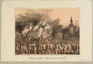 Zerstörung des Schlosses in Waldenburg in Sachsen durch die Bevölkerung im Zuge der Deutschen Revolution 1848