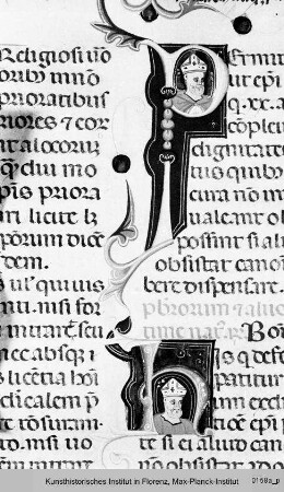 Liturgischer Text : Textseite mit historisierten Initialen P und H mit je dem Halbfigurenbild eines Bischofs